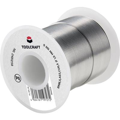 Solder Tin Reel by Toolcraft, Model No. 2401258, SN95AG4CU1, Ø 1.0 mm, 100 g. Reel with silver-coloured wire for soldering purposes.