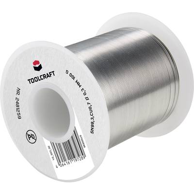 Roll of solder wire from TOOLCRAFT, Number 2410259, 0.3 mm diameter, 100 g. Roll displays barcode and lead symbol.