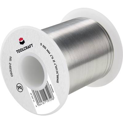 Solder Tin Reel by TOOLCRAFT, Silver Colour, Type No. 2401260, with Barcode. Solder is used for joining metals together.