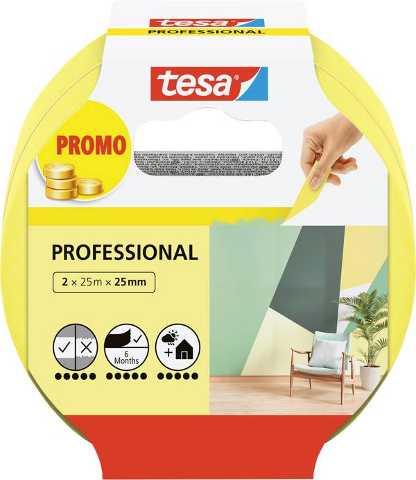 <br>  tesa<br>  Professional<br>  56212-00000-02<br>  Masking tape<br>  <br>  Yellow<br>  (L x W) 50 m x 25 mm<br>  2 pc(s)<br>
