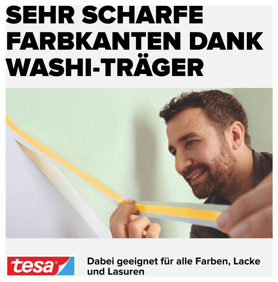 A man sticks yellow masking tape on a wall. Text: 'Very sharp colour edges thanks to the washi carrier'. Suitable for all colours, paints and glazes.