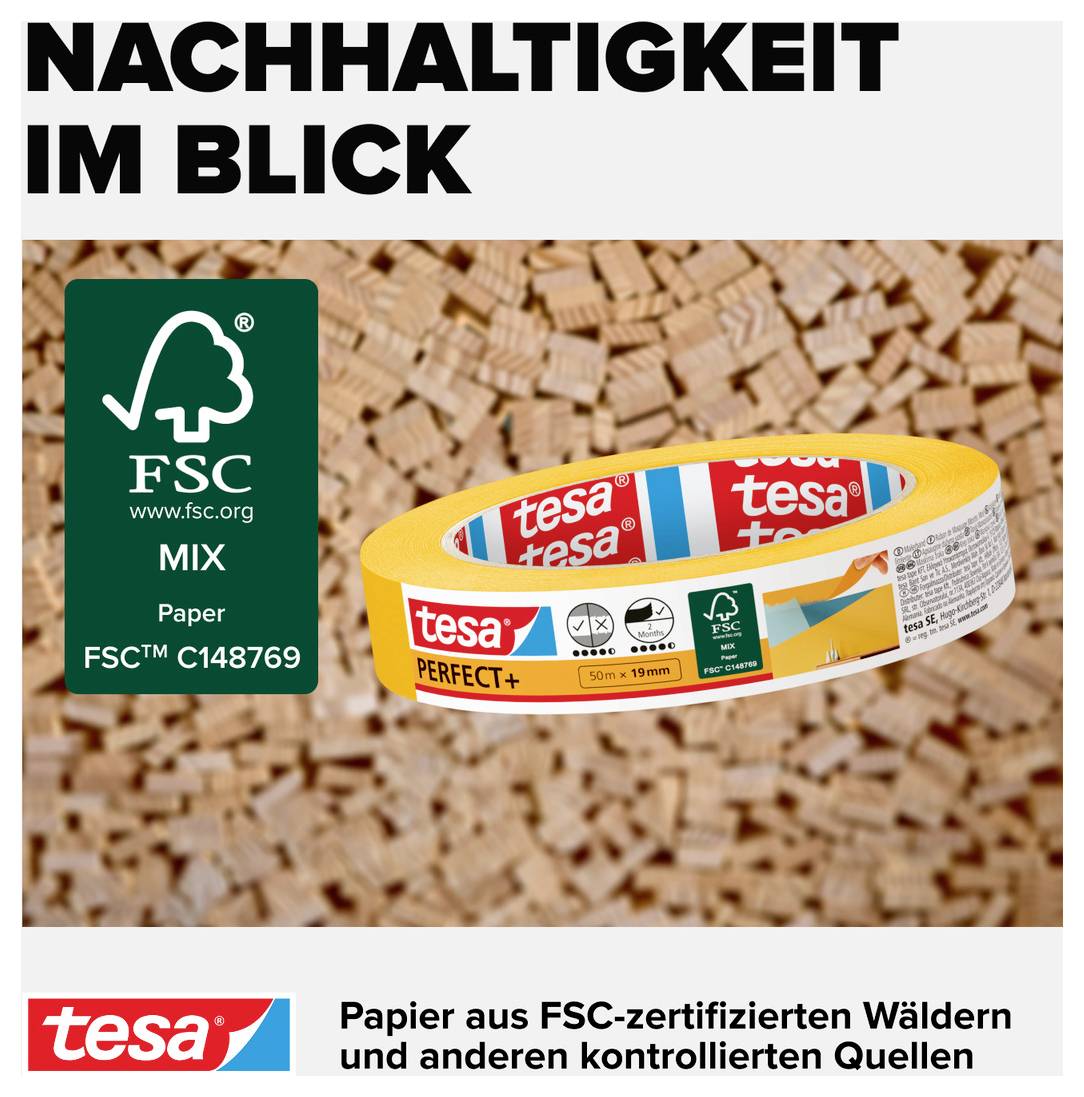 Self-adhesive tape against a wooden background. Text reading 'SUSTAINABILITY IN FOCUS'. Label 'FSC MIX', emphasising certified paper.