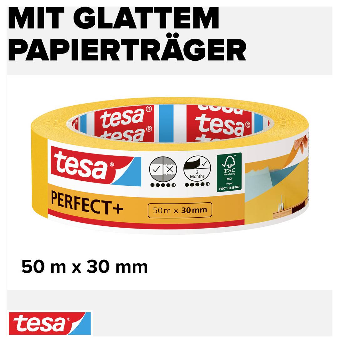'Adhesive tape roll by tesa PERFECT+ brand with smooth paper backing, 50 m x 30 mm, in packaging with corresponding symbols printed.'