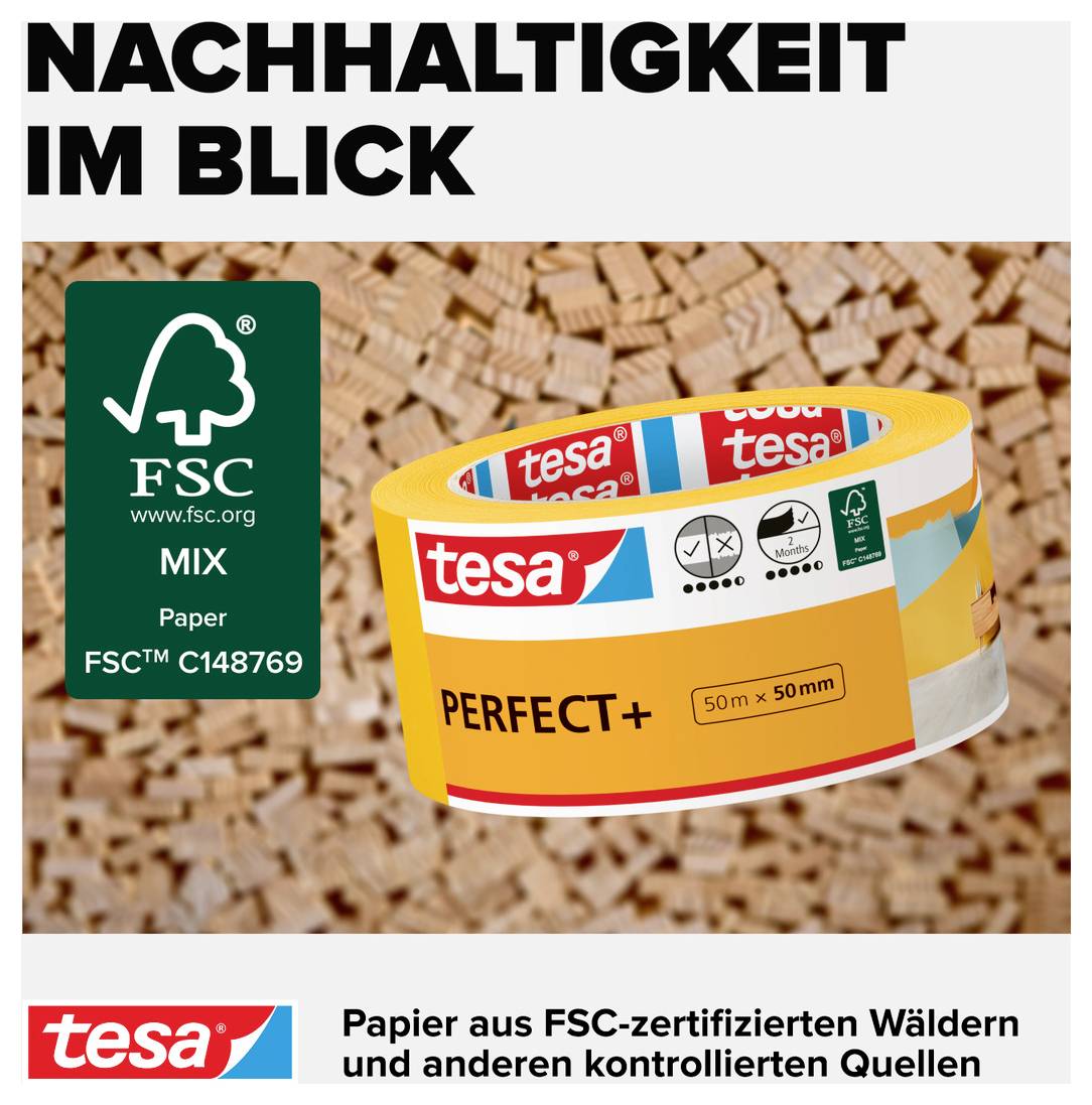 'SUSTAINABILITY IN FOCUS' shows a roll of adhesive tape from tesa in front of a background of wooden pieces. 'FSC-certified paper' mentioned.