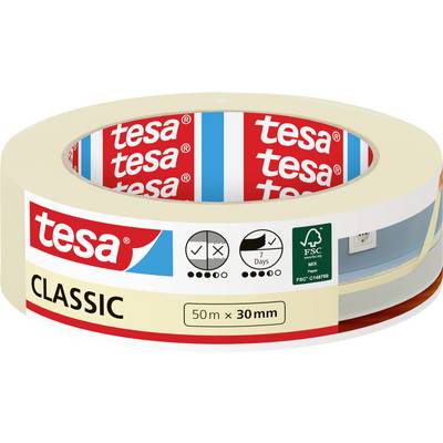 A roll of Tesa Classic tape, beige in color, 50m x 30mm. The packaging notes '7 Days' use and is FSC certified.