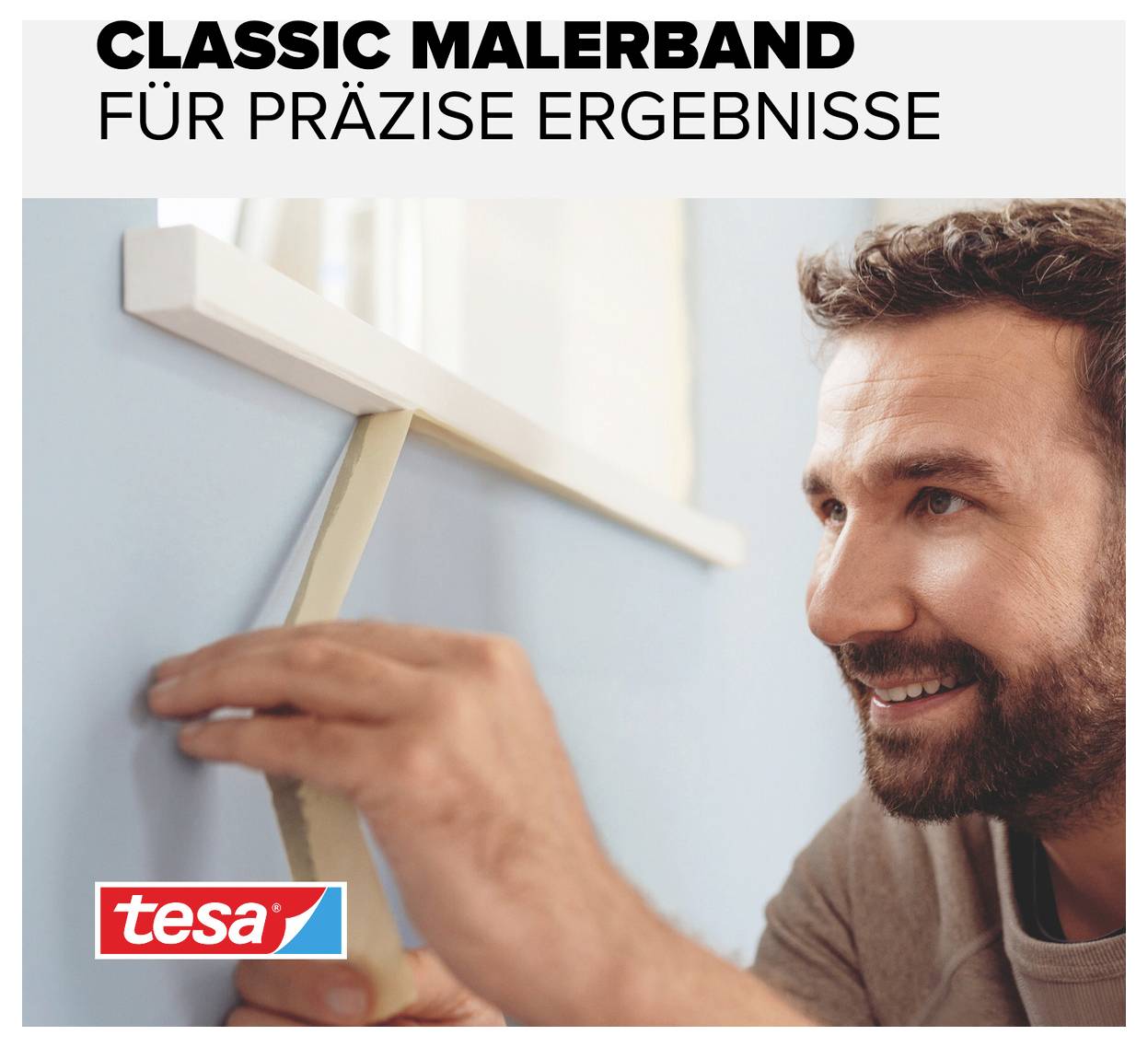 A man is sticking painter's tape to a blue wall to achieve precise stripes. At the top it reads 'CLASSIC PAINTER'S TAPE FOR PRECISE RESULTS'. The 'tesa' logo is located in the bottom left.