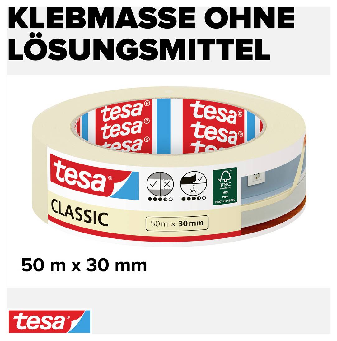Adhesive tape by the brand 'tesa' in beige, with the inscription 'CLASSIC', 50 m x 30 mm, solvent-free. Packaging with environmentally friendly symbol.