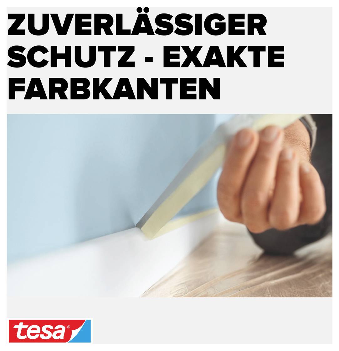 A hand pulls masking tape from an edge to achieve precise colour edges on a freshly painted wall. Text: 'RELIABLE PROTECTION · PRECISE COLOUR EDGES'.