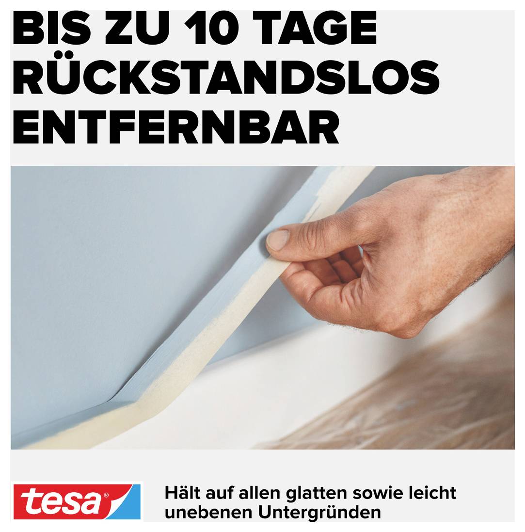 'A hand removing adhesive tape from a wall. Text: Removable without residue for up to 10 days. Brand: Tesa.'