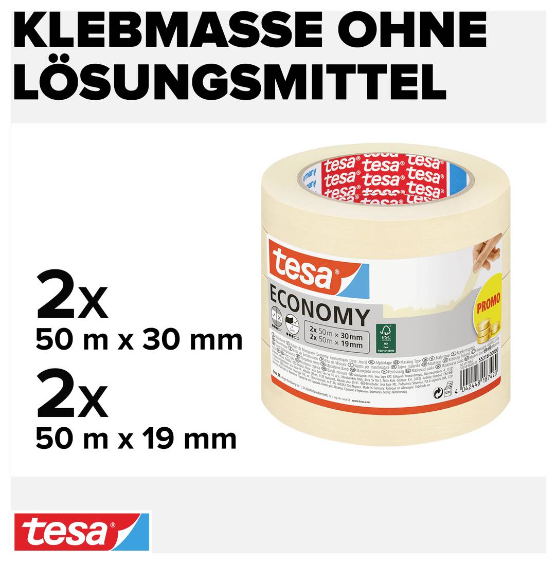 'Adhesive paste without solvent' and two rolls of Tesa adhesive tape. One roll 50 m x 30 mm and one roll 50 m x 19 mm.