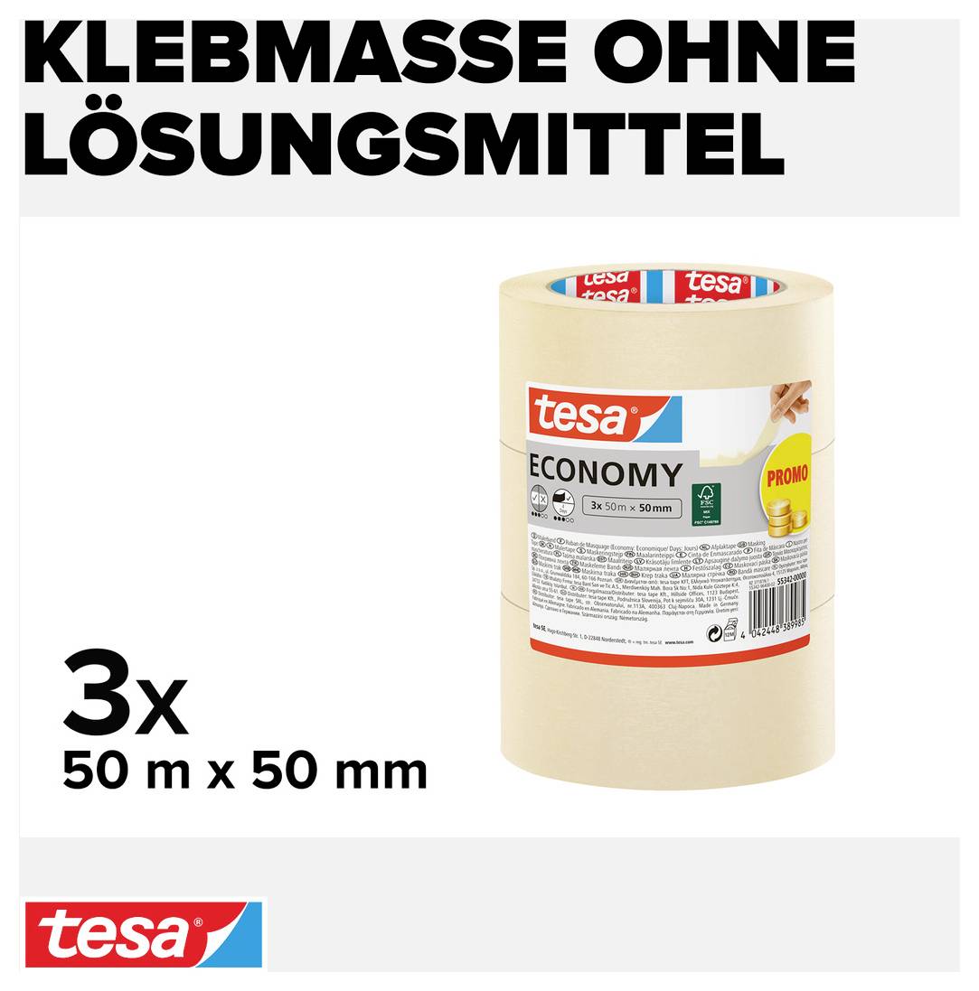 'Adhesive Tape without Solvent' in large text at the top. Image of three rolls of Tesa adhesive tape, each 50 m x 50 mm, labelled with 'Economy'.
