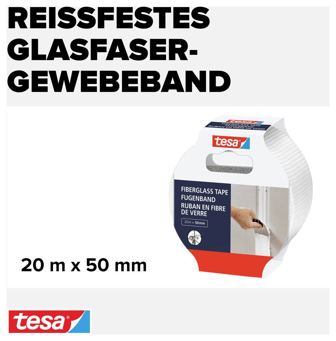 'Packaging of Tesa glass fibre adhesive tape, 20 m x 50 mm, depicted with a hand applying the tape to a wall.'