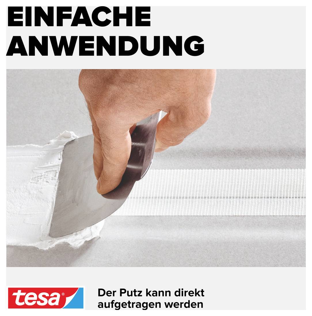 A hand is applying plaster with a trowel onto a board reinforced with masking tape. Text: 'Simple application. The plaster can be applied directly.'