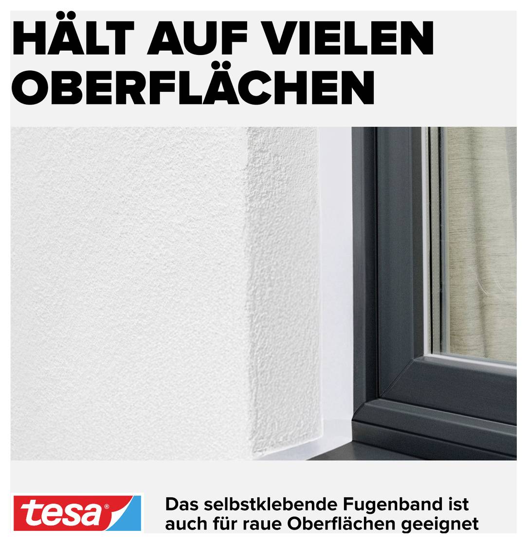 'Adheres to many surfaces.' A self-adhesive joint tape beside a window, suitable for smooth and rough surfaces.