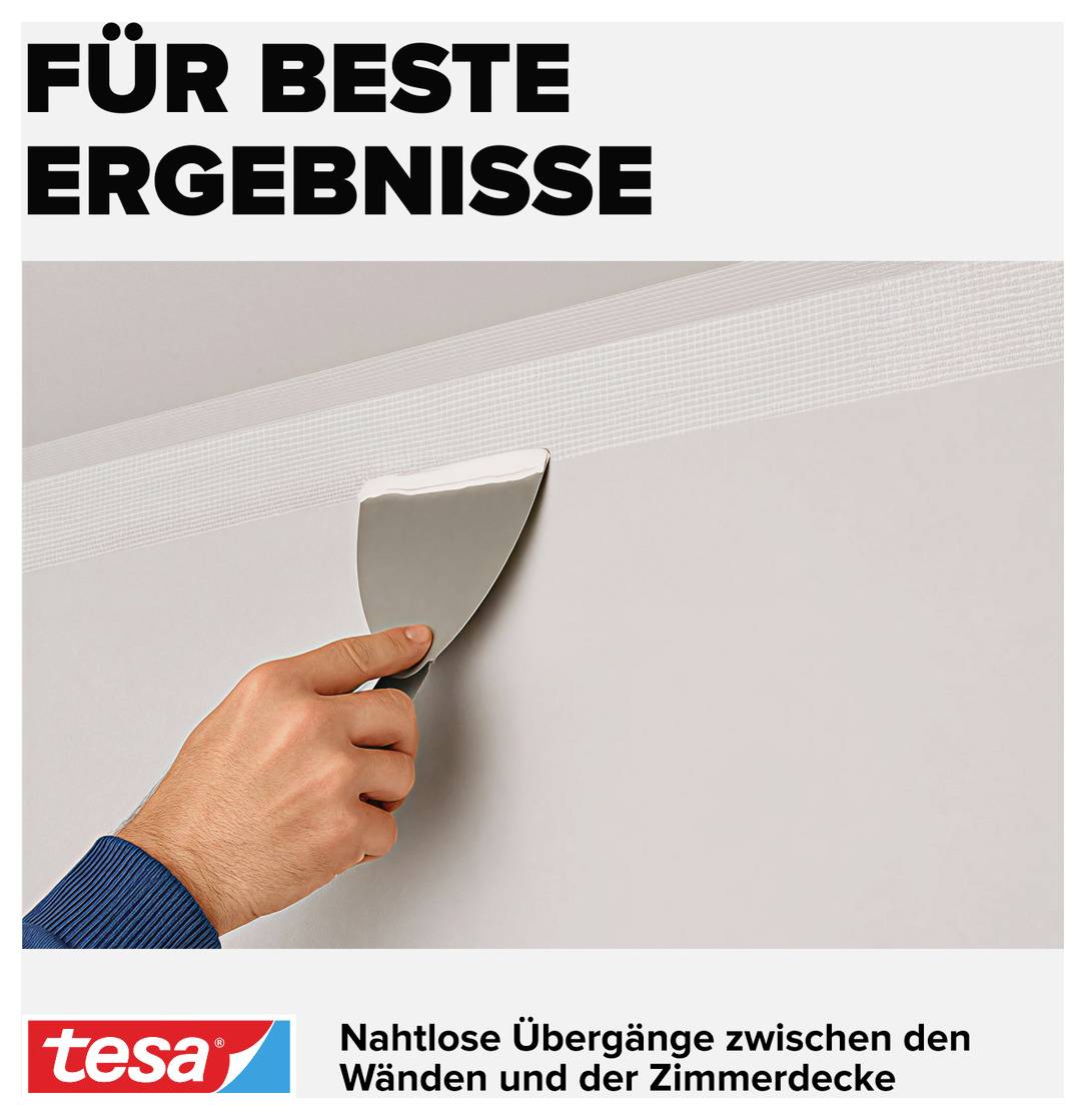 'Hand holding a scraper, smoothing white edge near ceiling with text above: "FOR BEST RESULTS".'