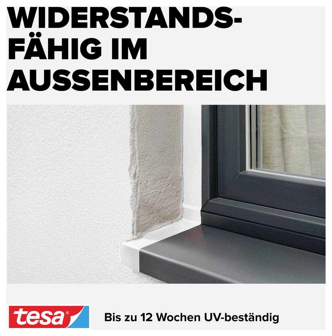 'Window with grey frame and sealing' and text: 'Resilient for exterior use. UV-resistant for up to 12 weeks.'