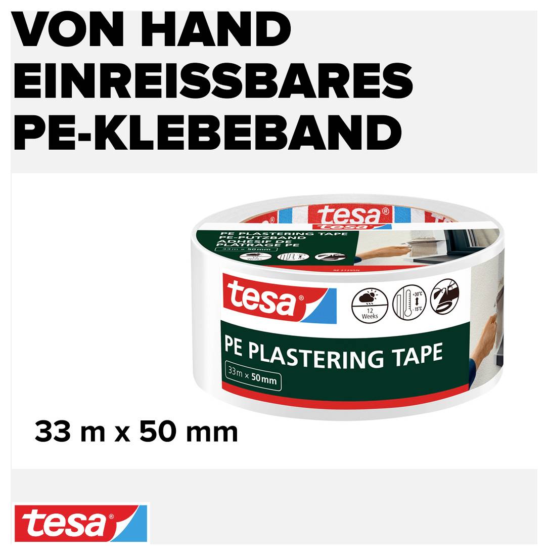 Hand-tearable PE adhesive tape' measuring 33 m x 50 mm from Tesa, suitable for plastering work. Packaging displays product details.