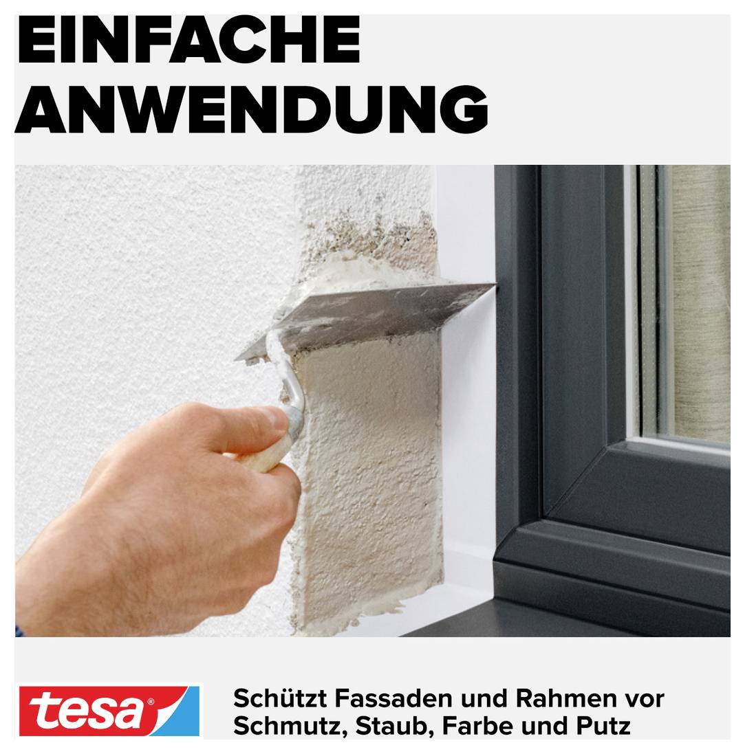 'Simple Application' shows a hand working an edge with a filler compound. Tesa logo at the bottom, with a note about façade protection.