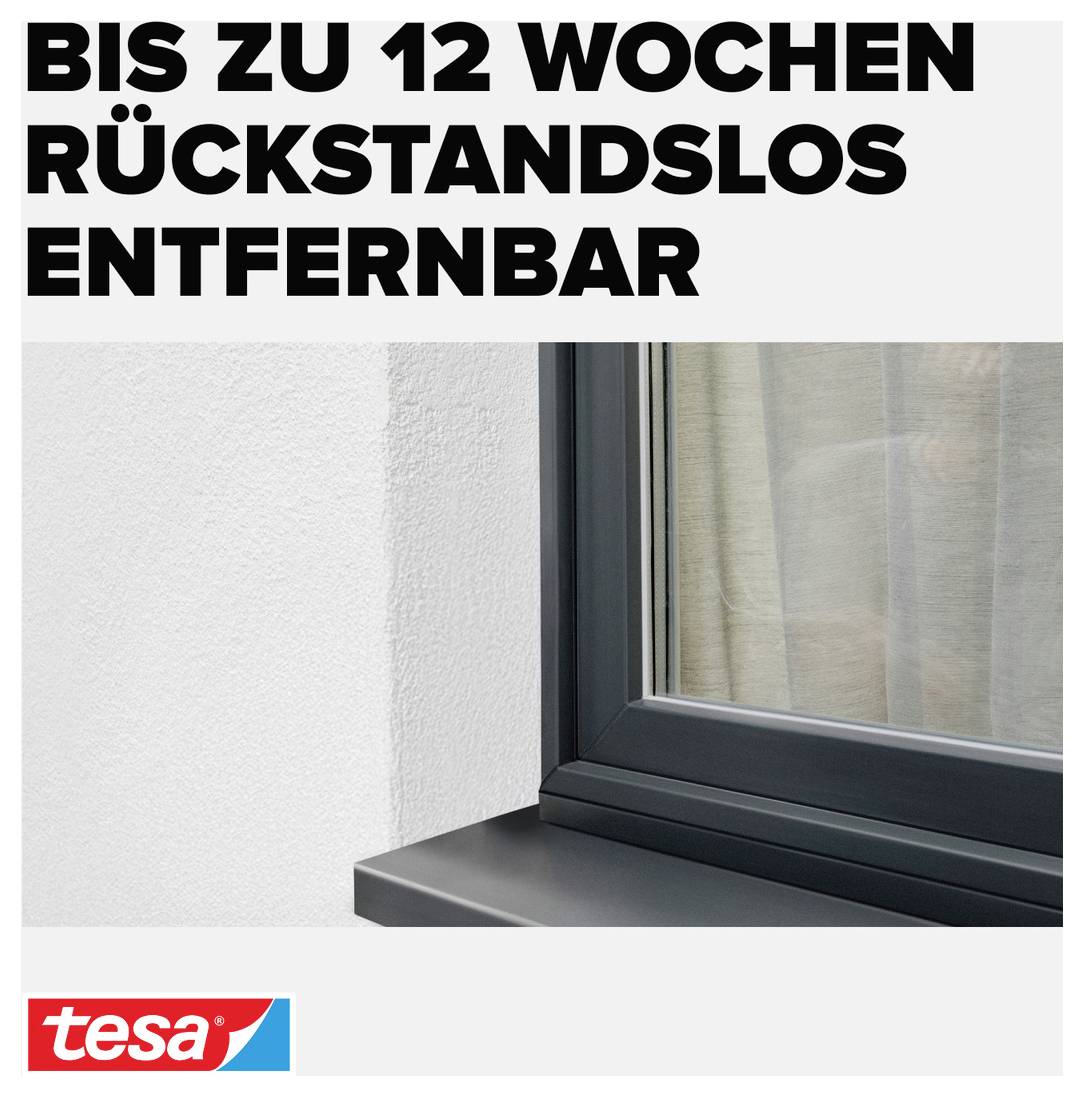 Advertisement for 'tesa' adhesive strips: Window frame with adhesive strips, text 'Removable without residue for up to 12 weeks'.