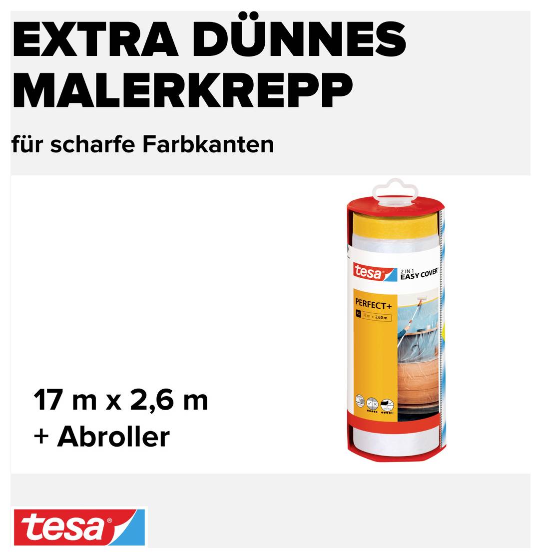 'Extra thin painter's masking tape for sharp paint edges, 17 m x 2.6 m, including dispenser.' A product image from tesa.