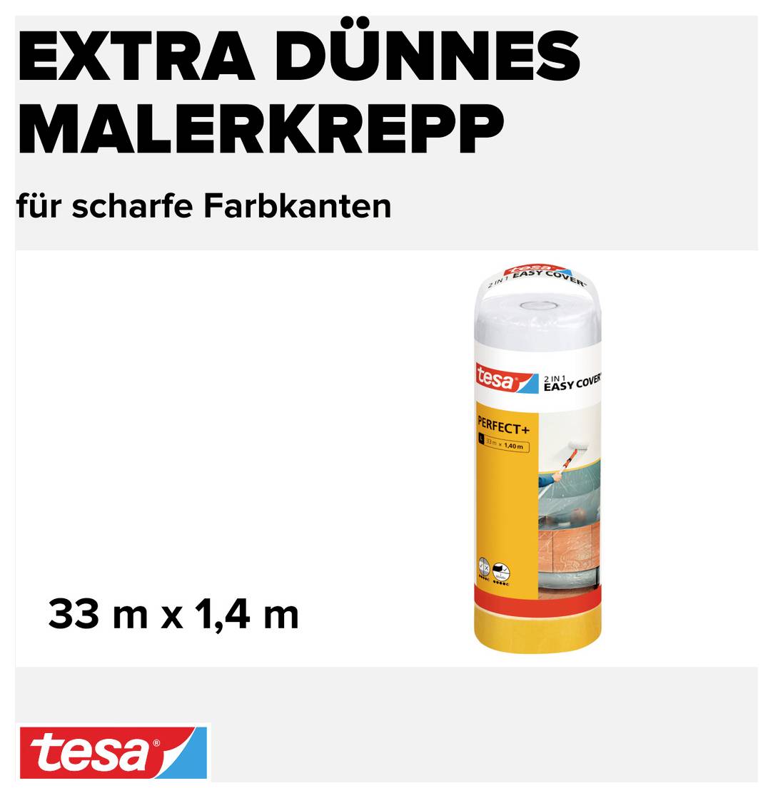 'Extra thin painter's masking tape for crisp paint edges, 33 m x 1.4 m', with product image in the centre.