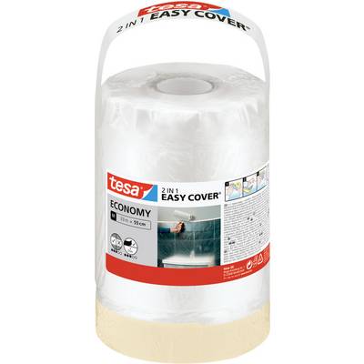 A roll of tesa 2 in 1 Easy Cover Economy, 33m x 55cm, with an image of a person painting a wall.