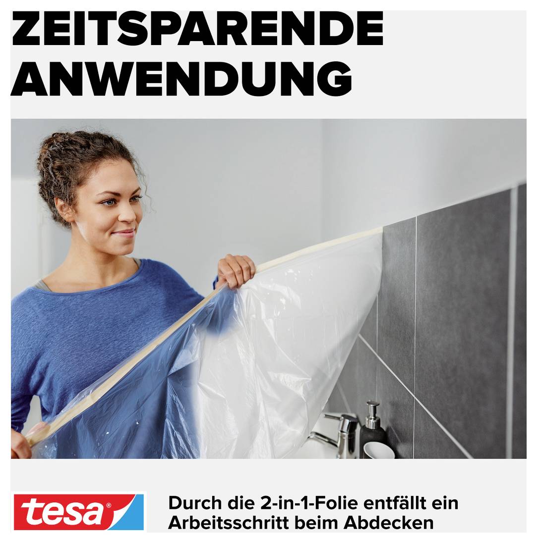 A woman is applying a protective film to a wall. Text at the top: 'TIME-SAVING APPLICATION'. Below: 'The 2-in-1 film eliminates one work step when covering'.