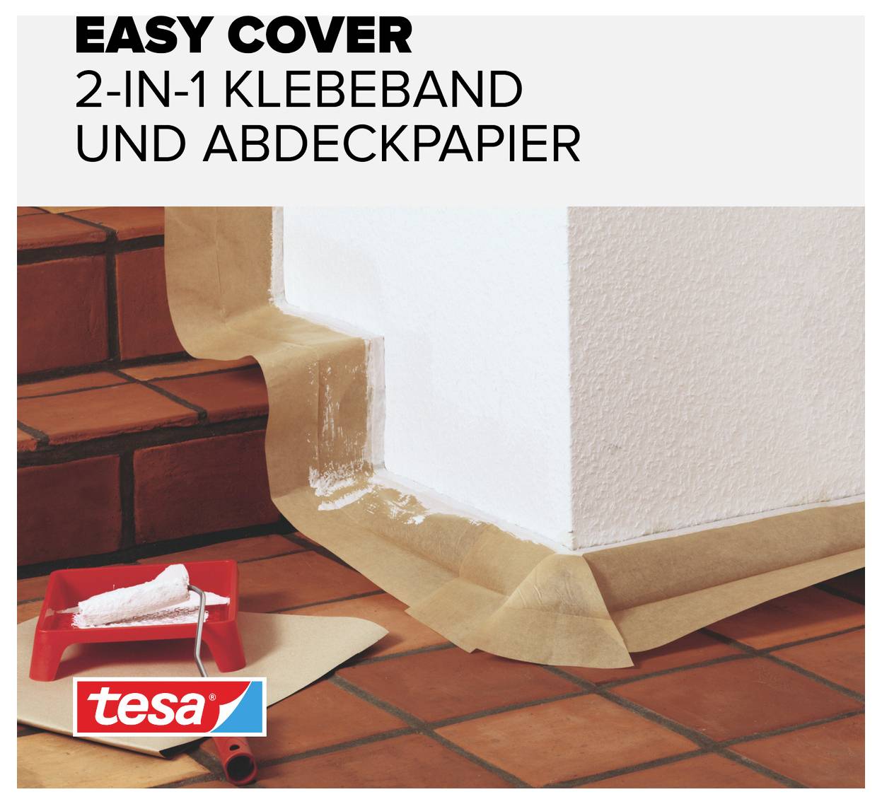'Easy Cover 2-in-1 Masking Tape and Protective Paper': A corner of a wall is protected with protective paper. A paint roller is lying on a red surface.