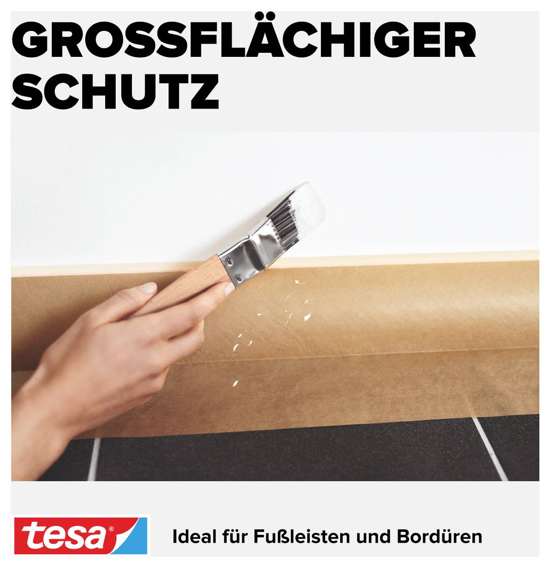 A hand is stroking white paint over an edge, protected by masking tape. Heading: 'EXTENSIVE PROTECTION'. 'tesa' brand logo at the bottom.