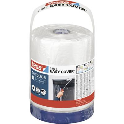 Roll of tesa 2 in 1 Easy Cover Outdoor tape, with integrated film, designed for outdoor painting, featuring application instructions.