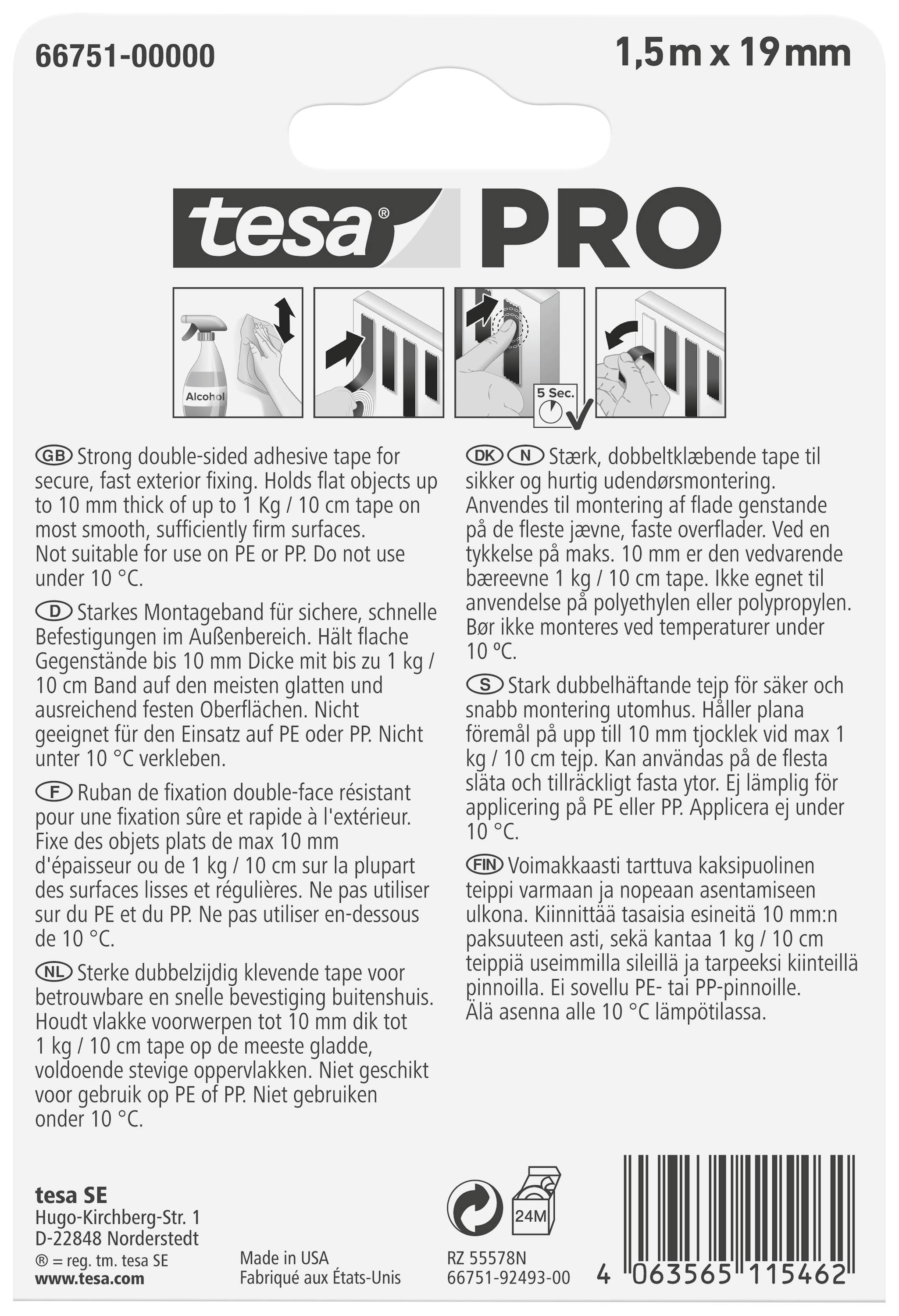 'Packaging for the Tesa PRO double-sided adhesive tape, 1.5 m x 19 mm, ideal for secure, permanent fixing indoors.'