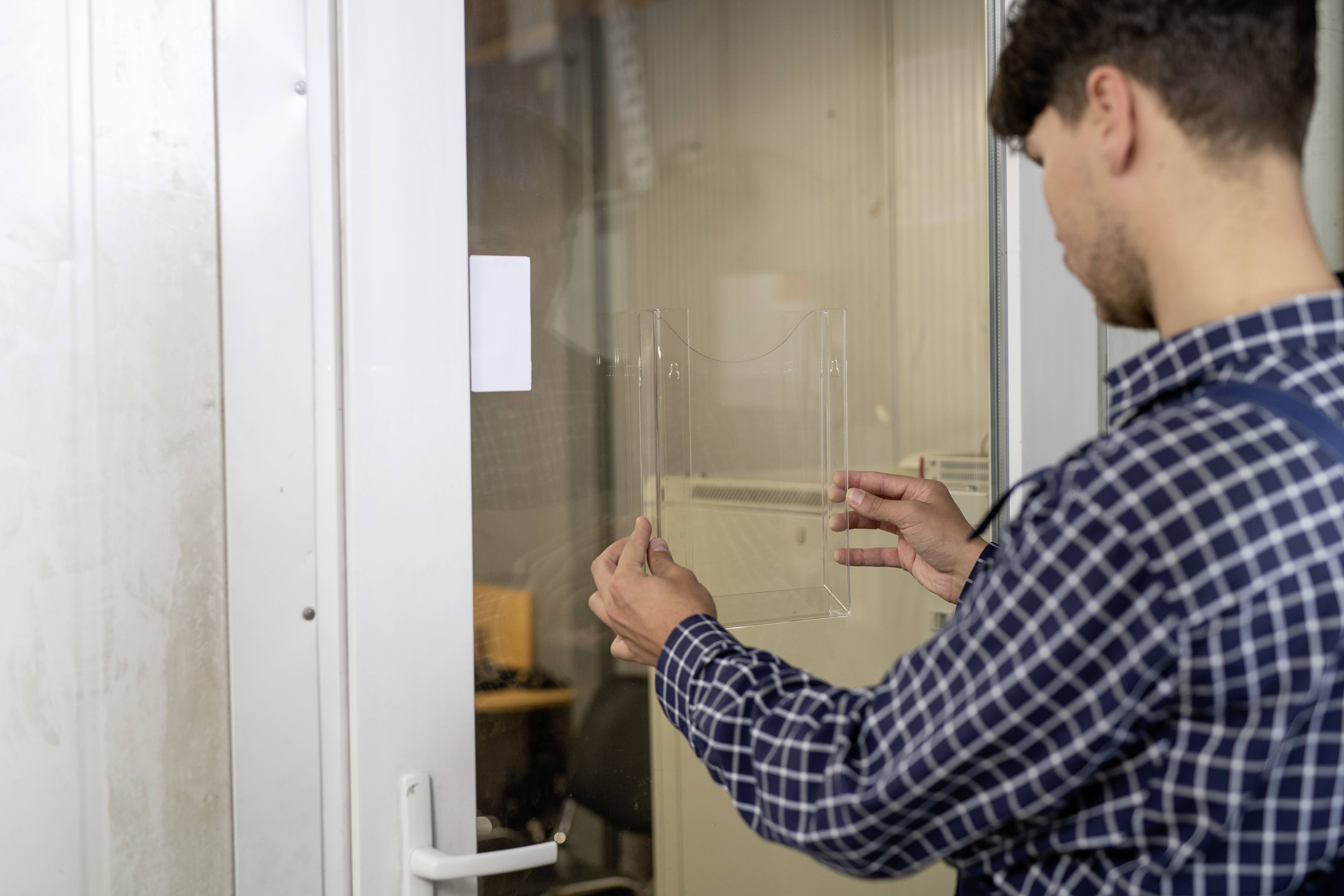 A man in a checked shirt is attaching a transparent sign to a glass door. An office space can be seen in the background.