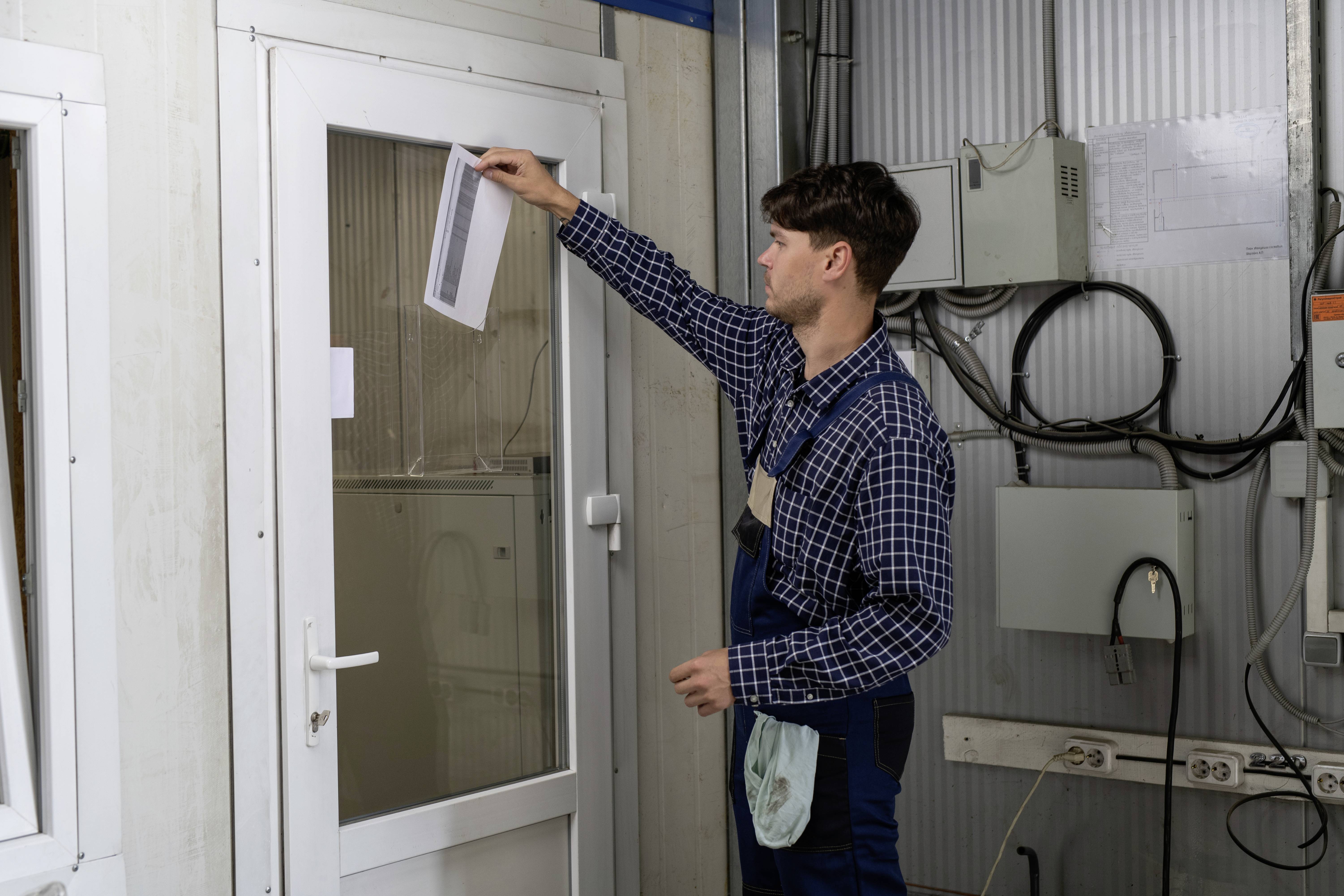 A technician holds a note in his right hand in front of a white door while working in an industrial setting with control panels.