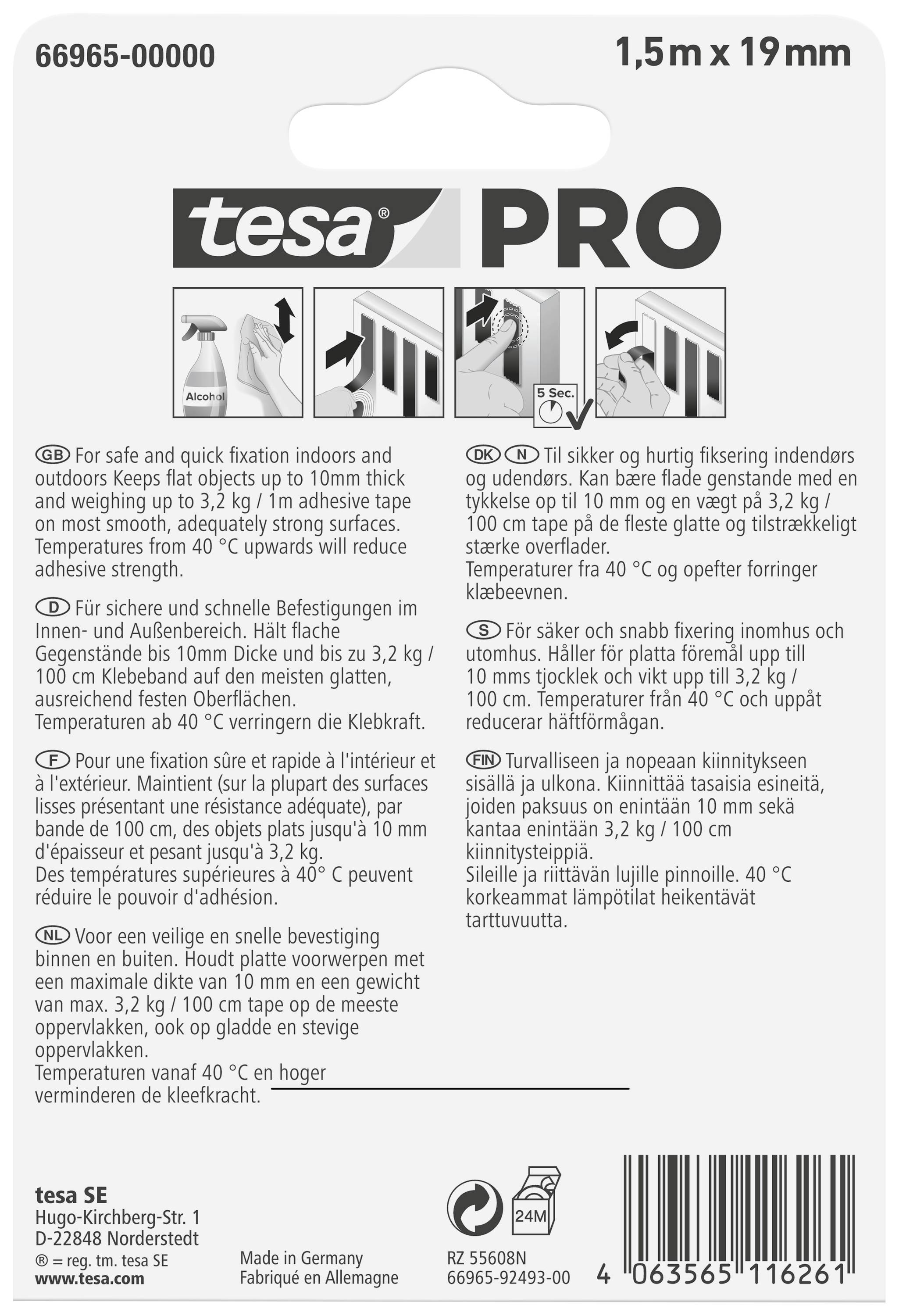 Packaging for tesa Pro double-sided adhesive tape with instructions in 7 languages for indoor and outdoor applications, 1.5 m x 19 mm.