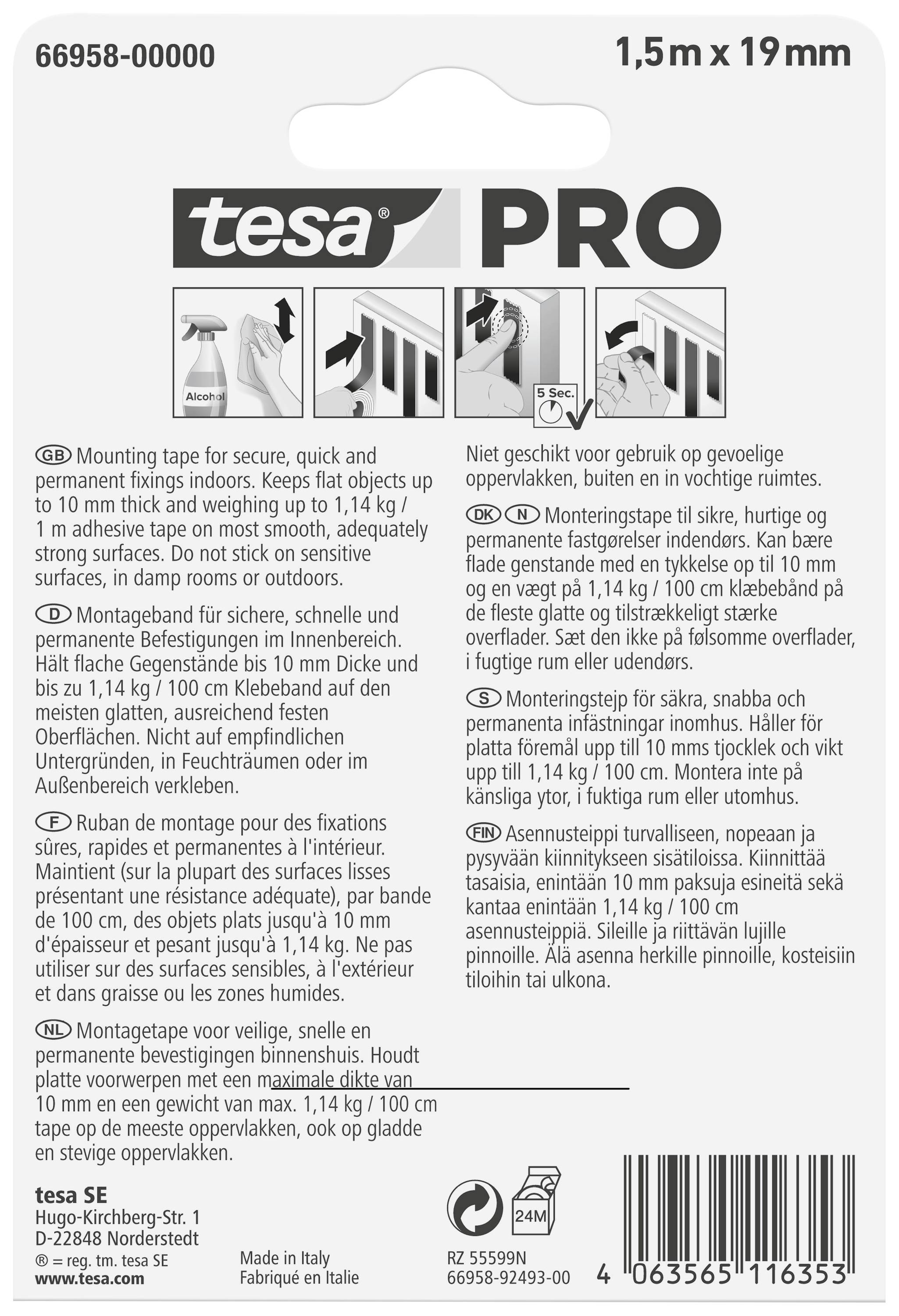 Back of a tesa Pro mounting tape packaging with assembly instructions and application notes in various languages.