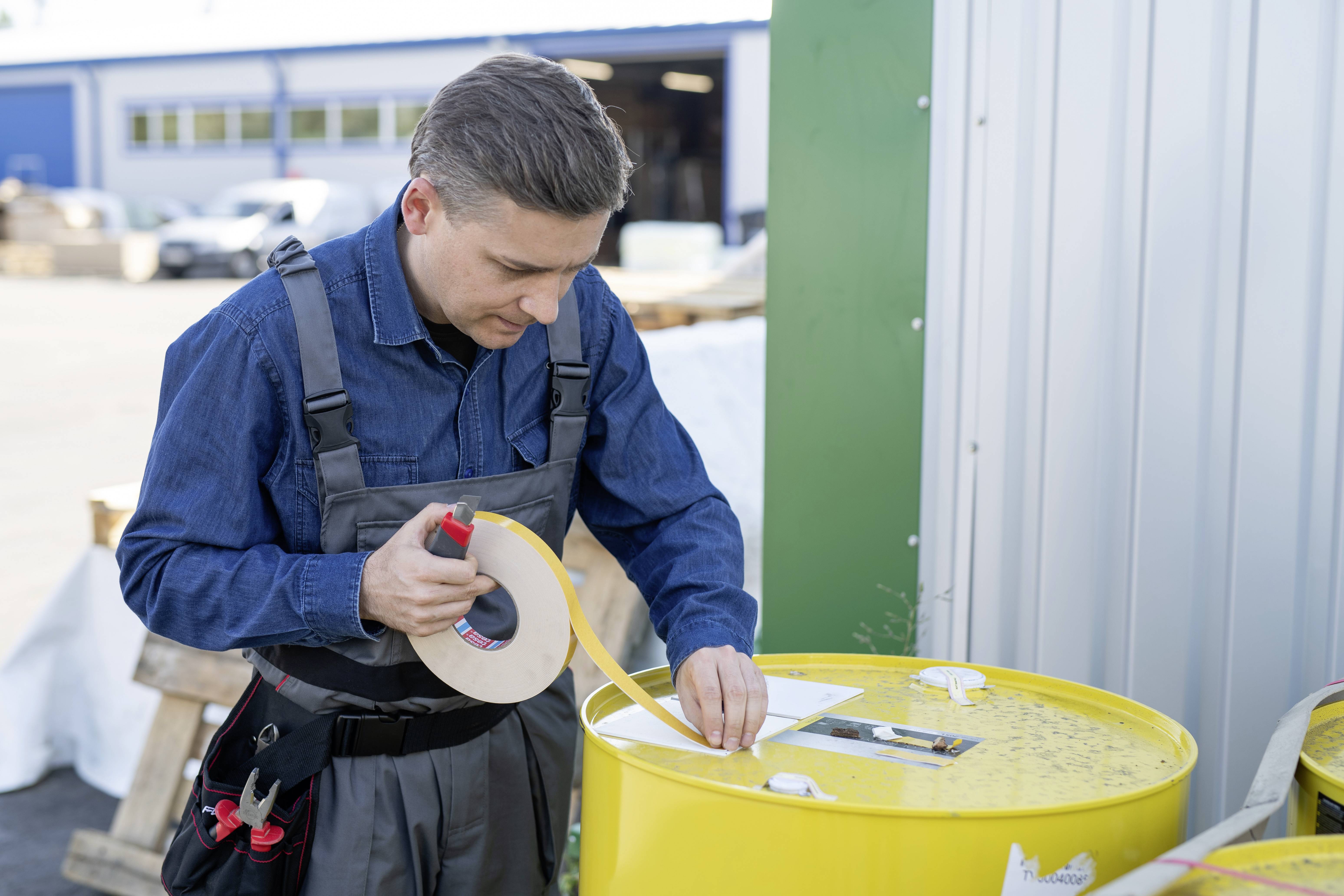 A man in workwear is sticking a label on a yellow drum outdoors. He is focused and working in an industrial setting.