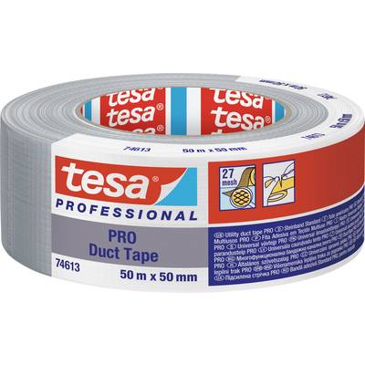 A roll of grey fabric adhesive tape by Tesa, Professional product line, with dimensions of 50 m x 50 mm on the packaging.