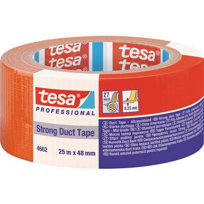Role of an orange and white adhesive tape by the brand 'tesa', labelled as 'Strong Duct Tape', 25 m x 48 mm.