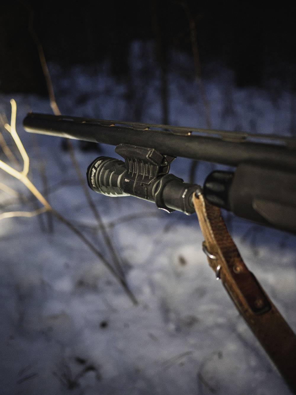 Rifle barrel in the darkness, in a snow-covered forest, mounted with a torch, shows a person on a nocturnal hunt or patrol.