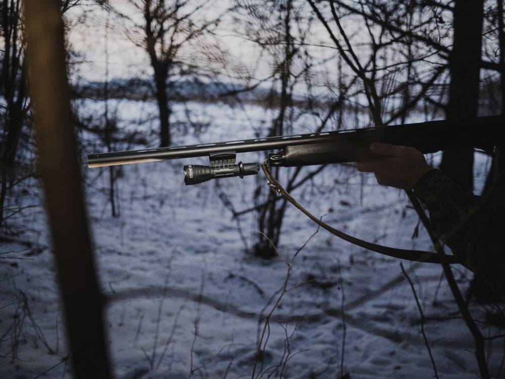 A person holds a rifle in a snow-covered forest at dusk. Trees and branches surround the scene, creating a tranquil atmosphere.