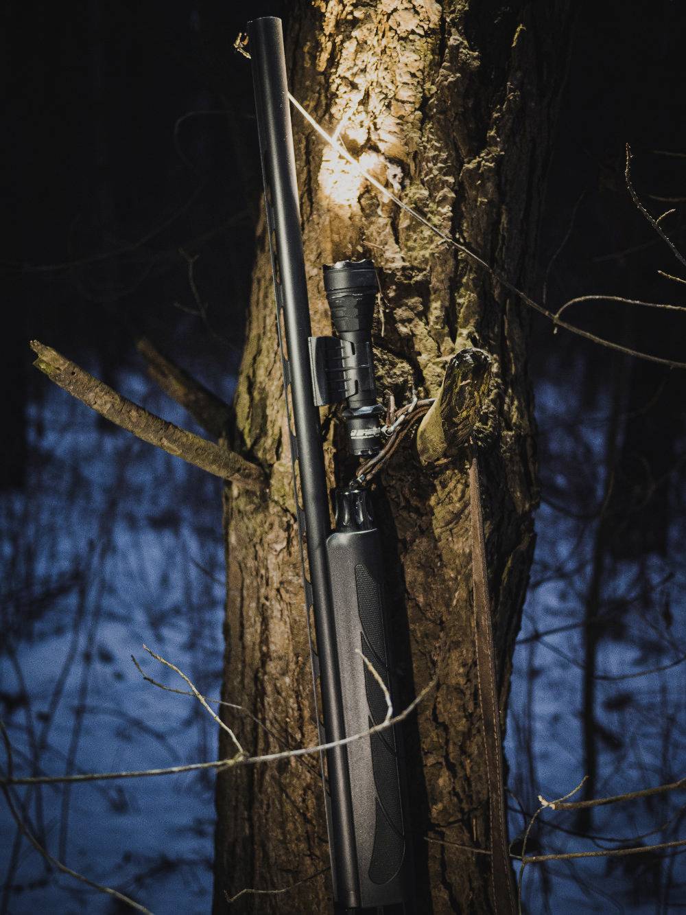 'A rifle leans against a tree trunk in a snow-covered forest at night.'