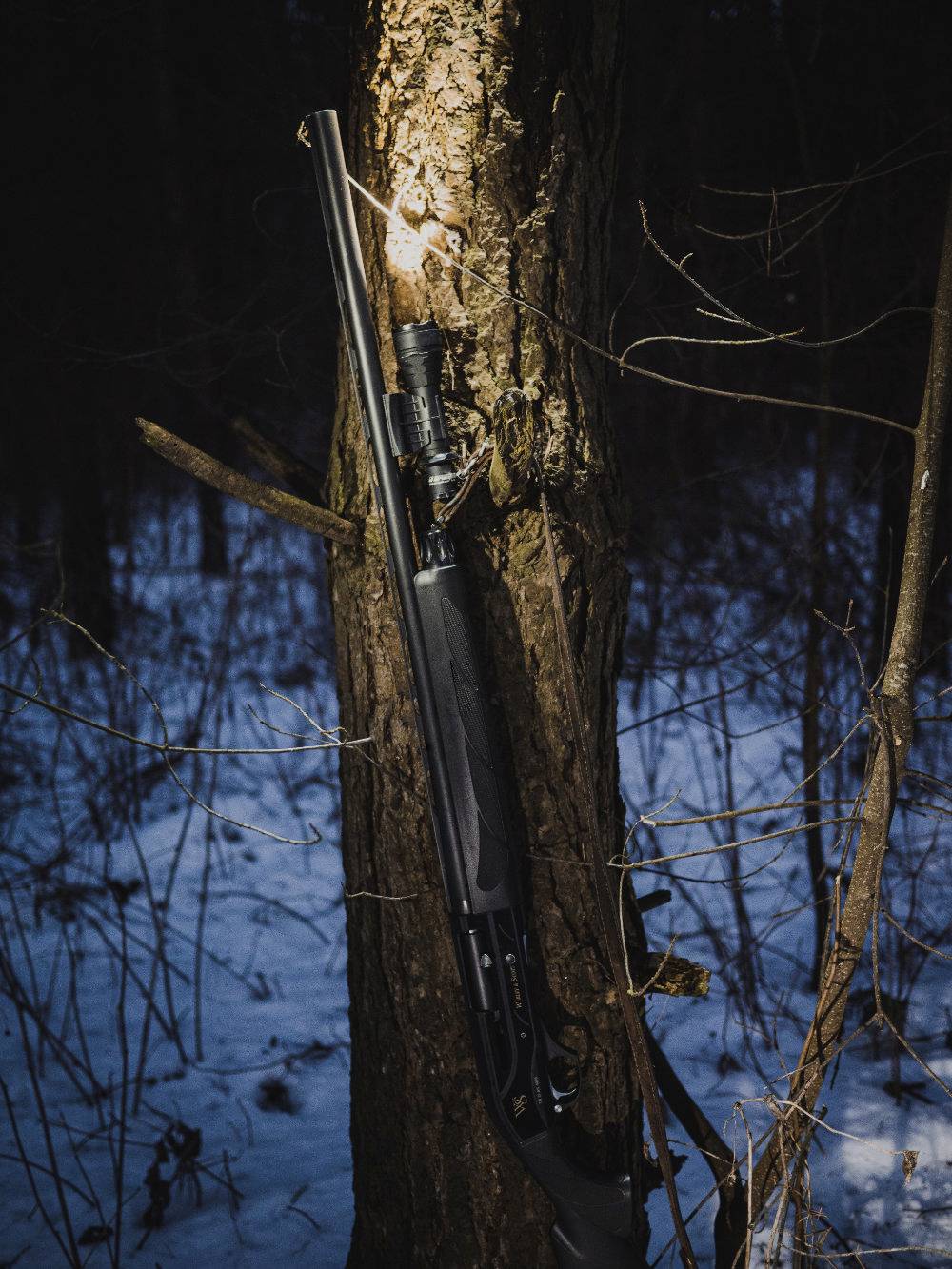 A rifle leans against a tree trunk in the forest at night. The background shows snow details that suggest a winter landscape.