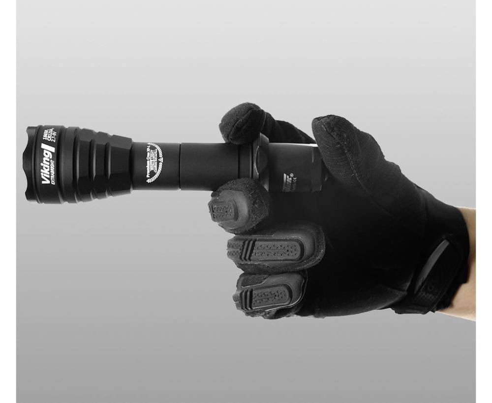 A hand in a black glove holds a black torch.<br><br>(Note: In British English, a "flashlight" is commonly referred to as a "torch".)