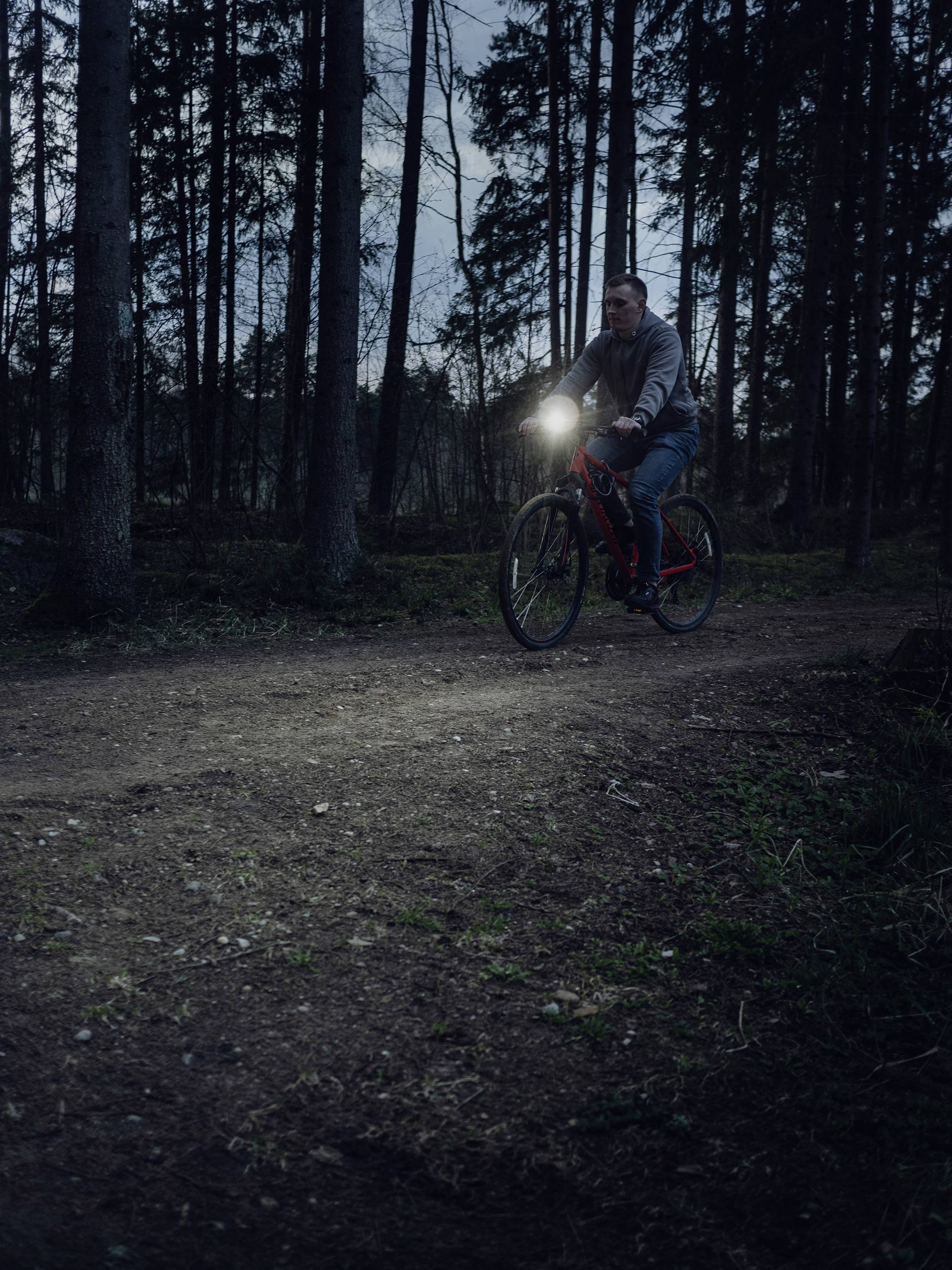 A person is cycling along a woodland path at dusk. A headlight illuminates the path ahead of them.