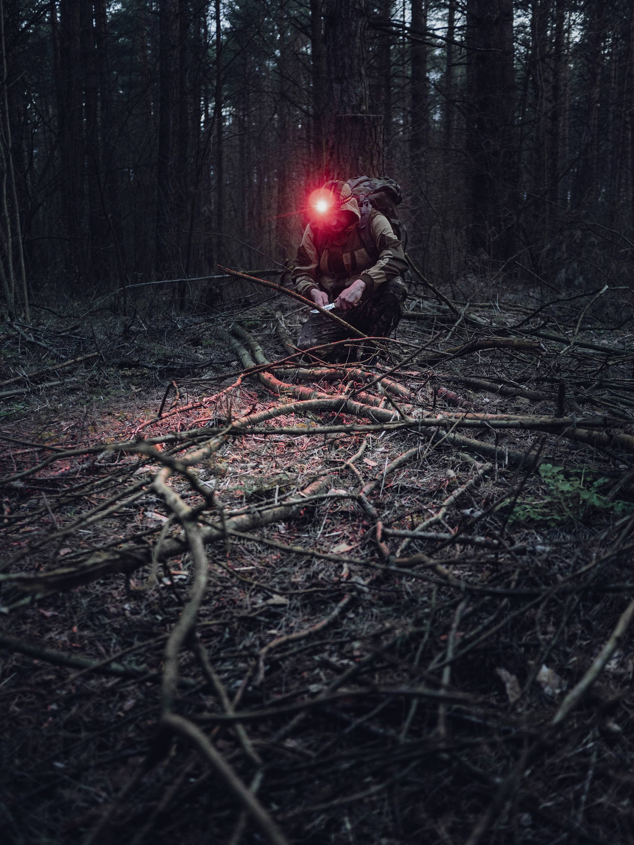 A person kneels in a forest, wearing a red head torch. It is dark, and the light illuminates some branches on the ground.