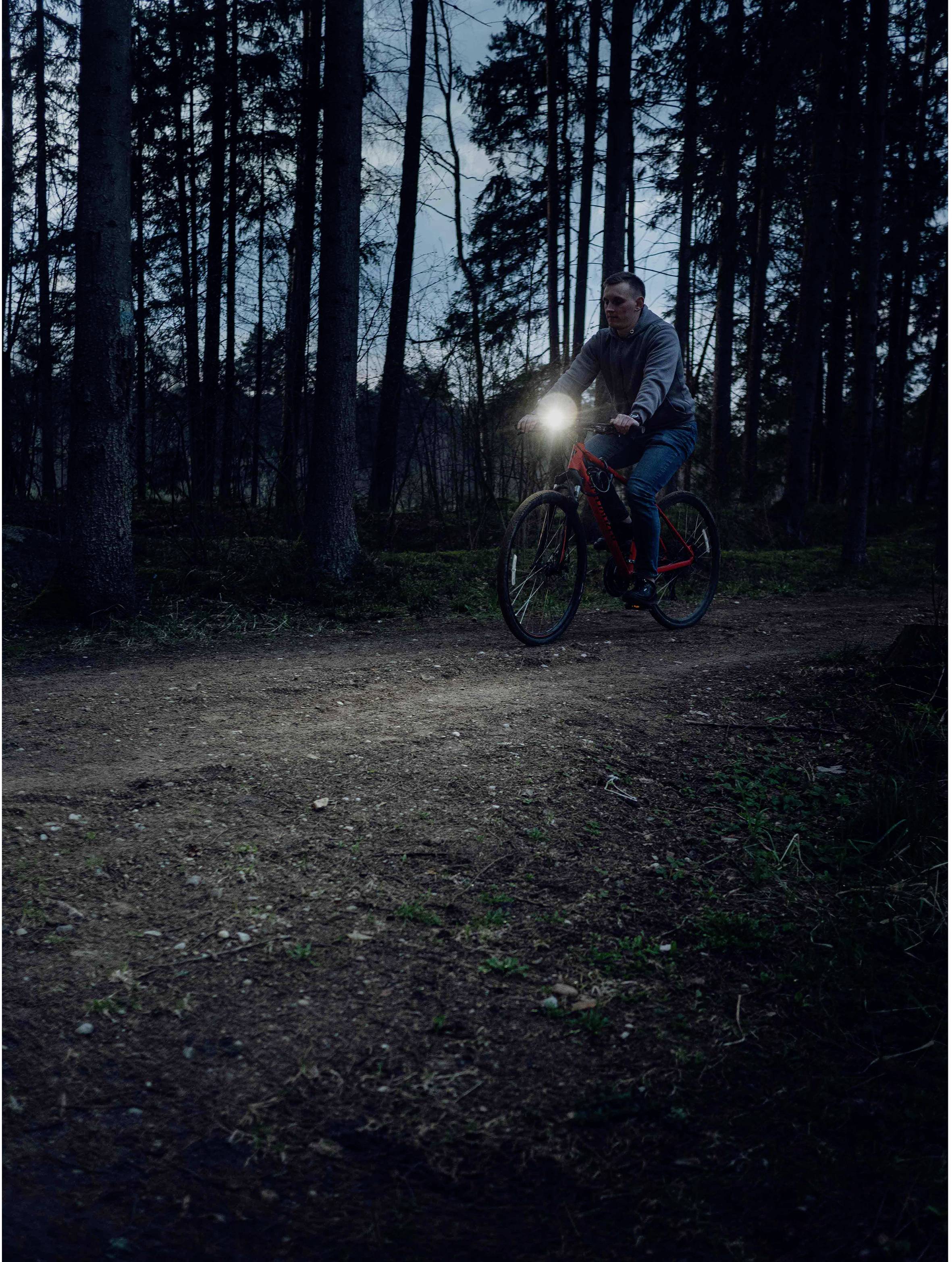 A person is cycling along a woodland path at dusk, with their front light switched on, surrounded by tall trees.