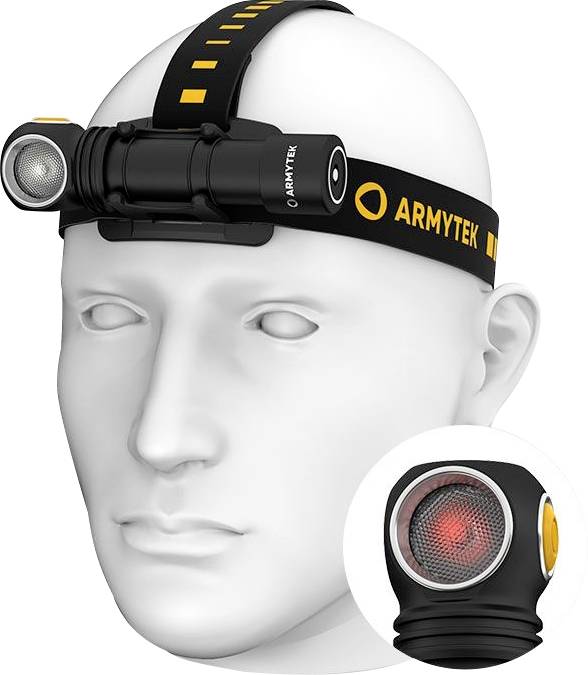 Head of a white mannequin head with a black head torch from the brand 'ARMYTEK', which is held in place by an elastic strap.