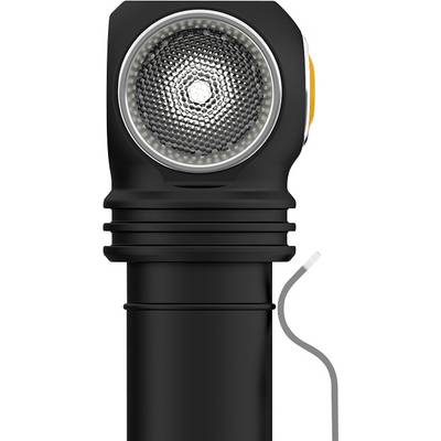 Black torch with angled head and textured lens, showing the design and function for illuminating areas.