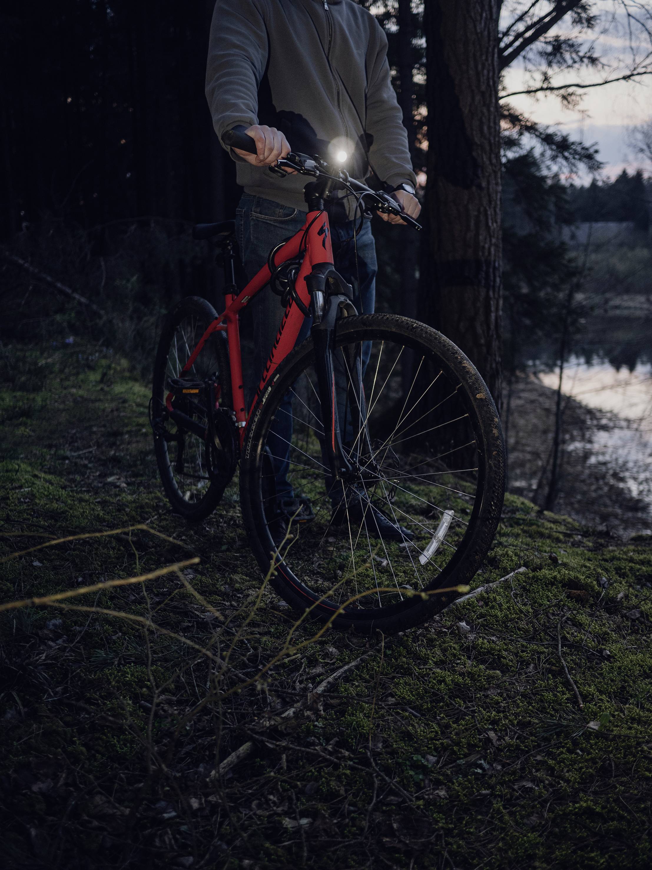 A person is standing in the woods with a red bicycle. The bicycle's light is on, evening is drawing in, and the sky is softly illuminated.