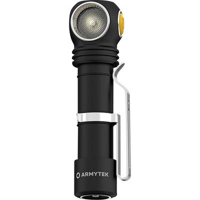 Black torch with angled head and silver clip, brand 'Armytek', against white background.